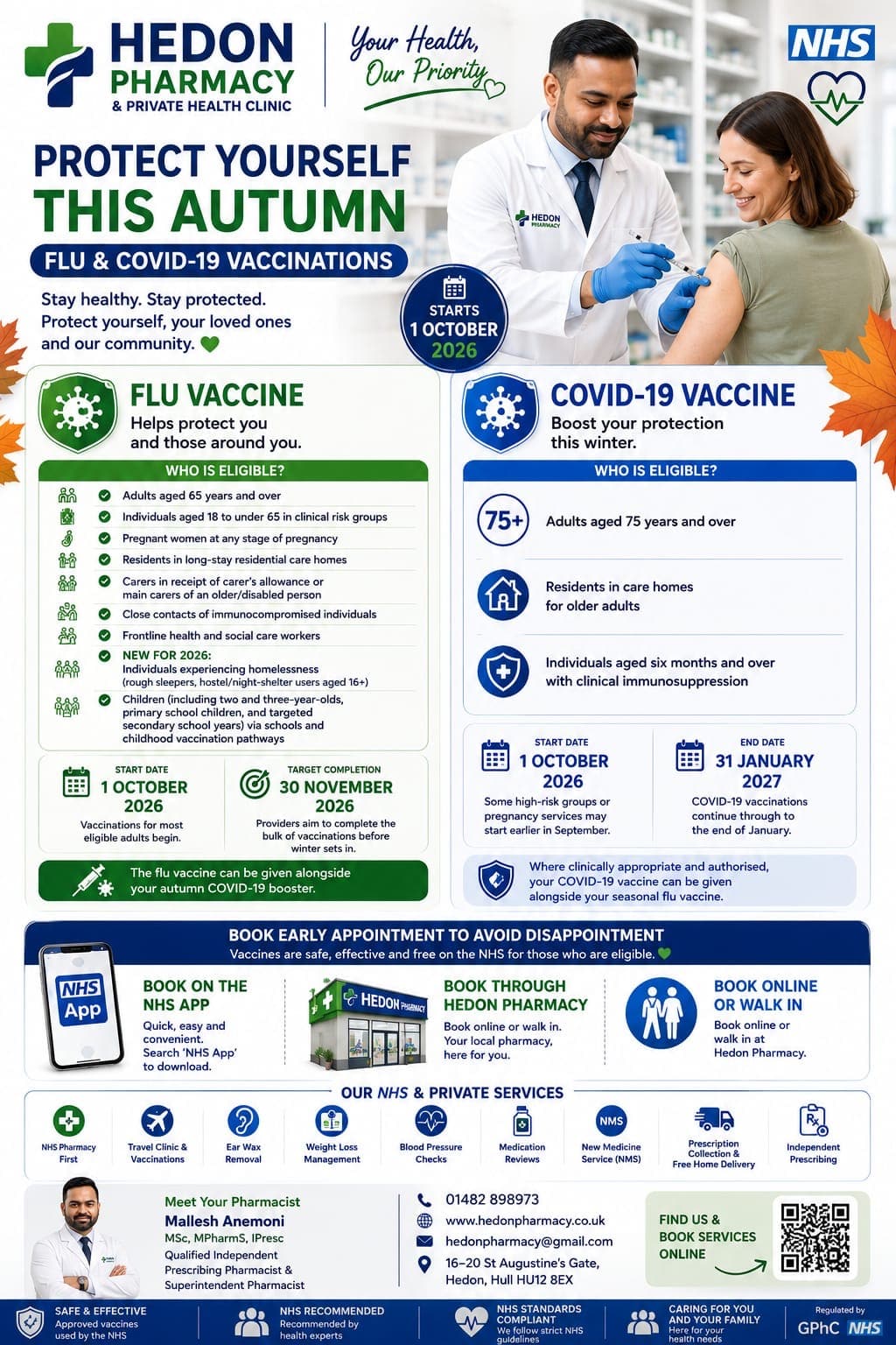 Flu & COVID-19 Autumn Vaccinations - Hedon Pharmacy brochure sheet